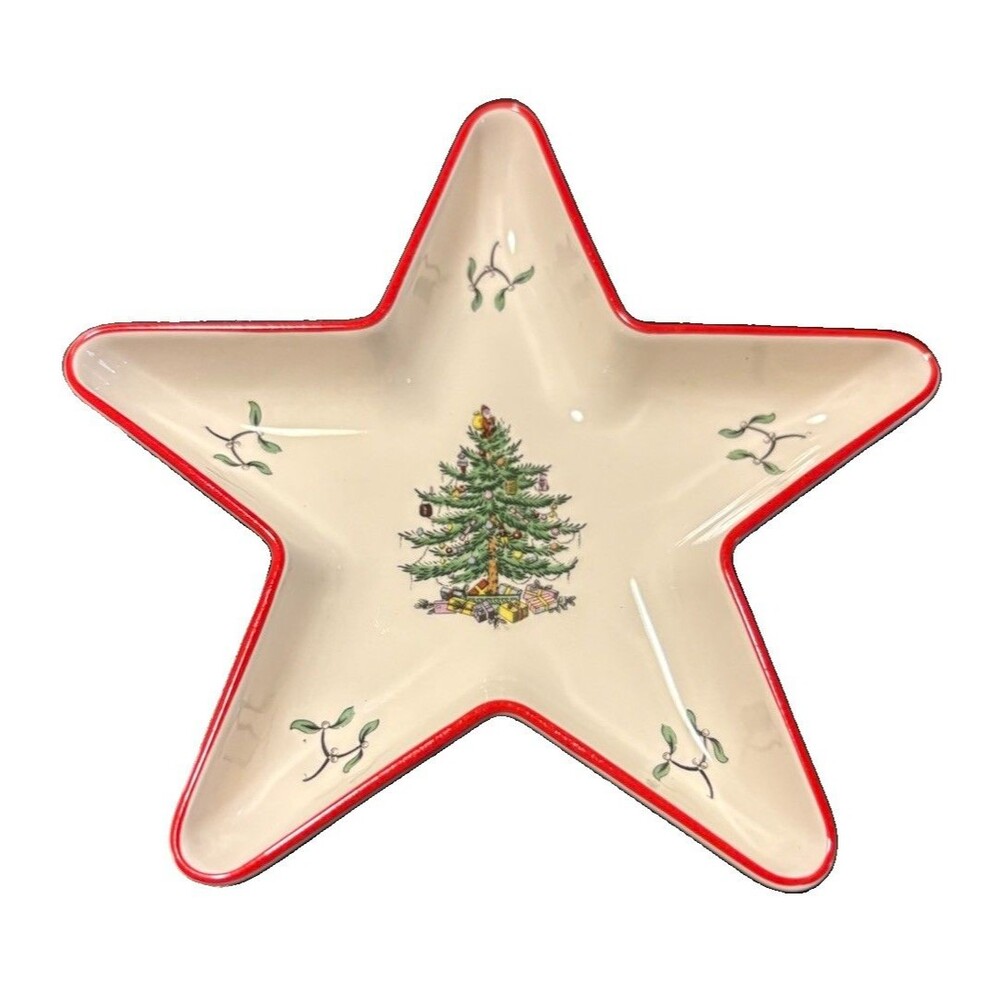 Vintage Spode Christmas Tree Red Band Star Shaped Candy Nut Dish 6"